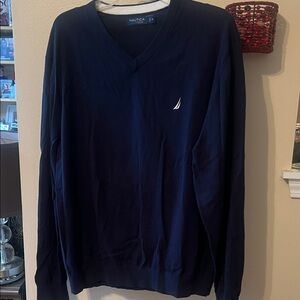 Nautica Nav Tech Men's Navy V neck white trim inside collar long sleeve Sweater